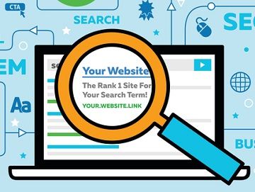 Vector graphic of a laptop displaying a search result for 'your website'. A magnifying glass hovers in front of the laptop screen, enlarging the search result.