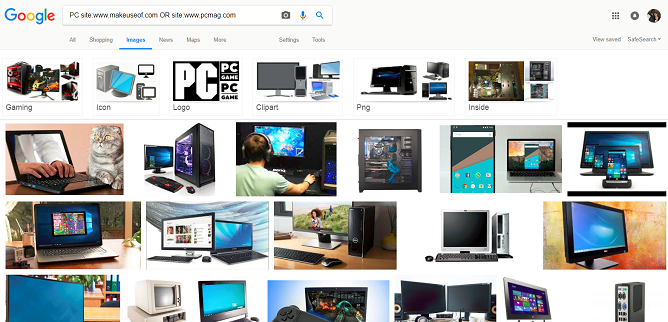 Google Images advanced search result for the term PC, from www.makeuseof.com or www.pcmag.com