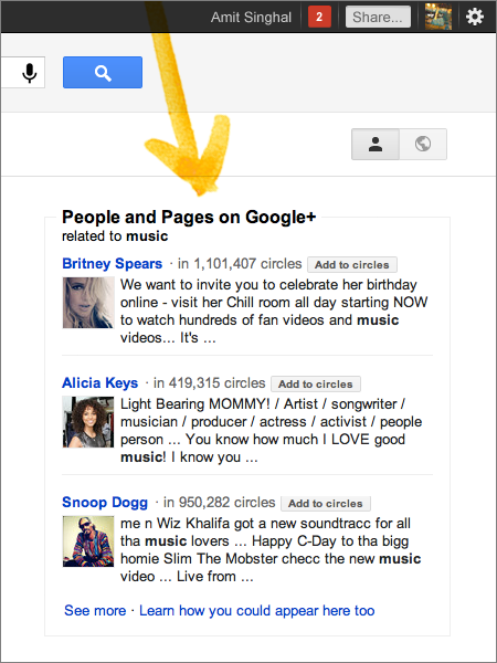 Google people and pages search results with Google Plus integration