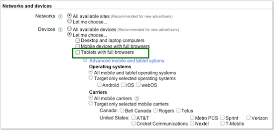 Google AdWords Device Tablets with full browsers