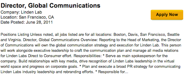 Job opening for Linden Lab