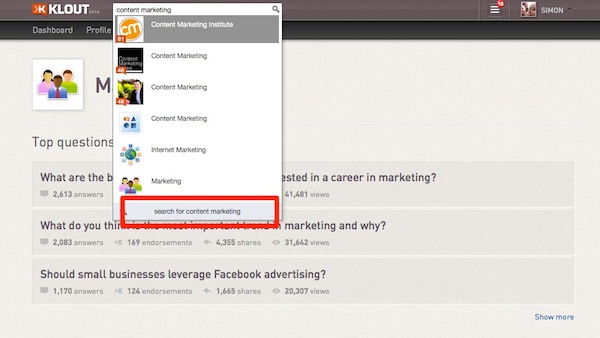 Klout Search for Content Marketing