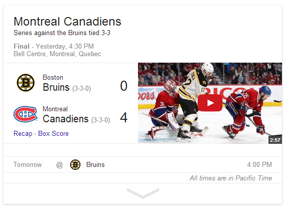 Montreal Canadiens Video Highlights in Google Search