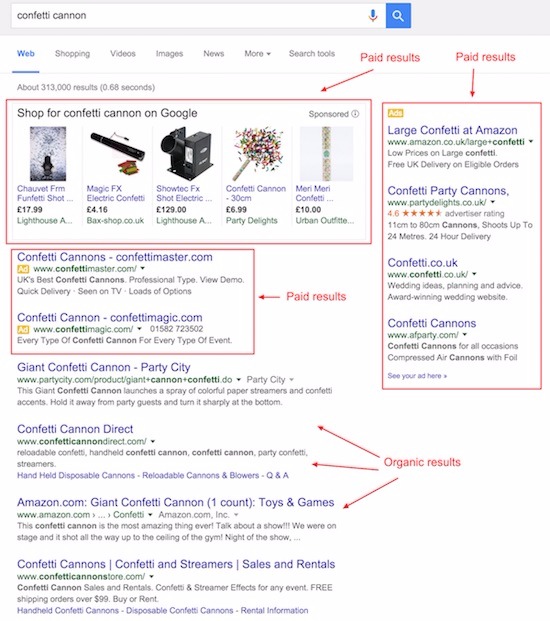 search for confetti cannon showing organic and paid results