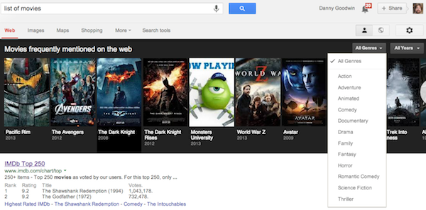 List of Movies Google Filters