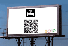 Hotel billboard for 2012 Olympics with a QR code linking to a map of the nearest location