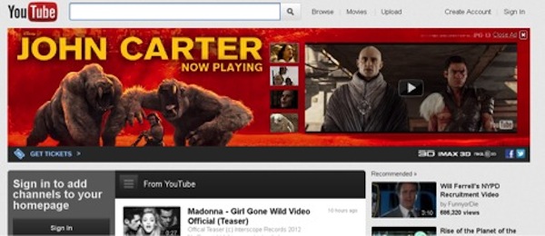 John Carter Ad in YouTube Homepage RedZone