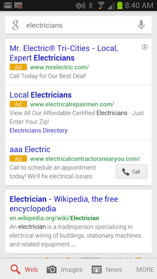 Electricians Mobile Search on Google